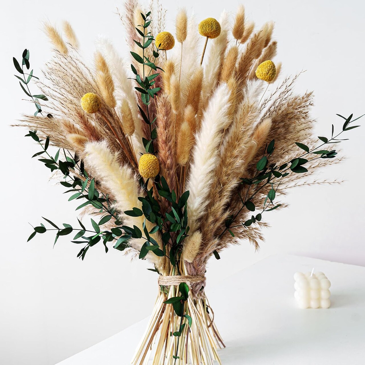 Boho Dried Flowers Bouquet – Olive Green Wall Decor, Pampas Grass Bouquet, Rustic Flower Arrangement, Moody Office & Bedroom Decor